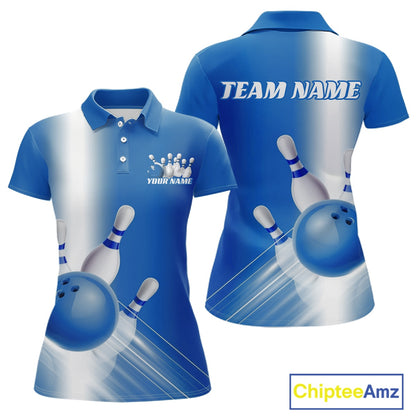 Front and back women’s polo shirt mockup with bowling ball and pins artwork flowing through a blue gradient design.