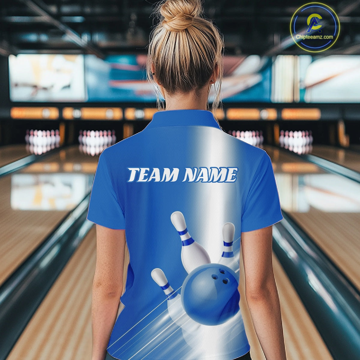 Back view of a female model in a bowling lane wearing a polo shirt with bowling ball and pins flowing through a blue gradient layout.