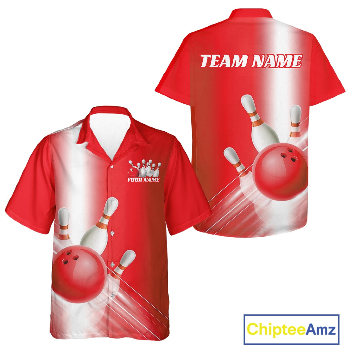 Button up bowling shirt mockup shown front and back with bowling ball and pins motif flowing through a red gradient layout.