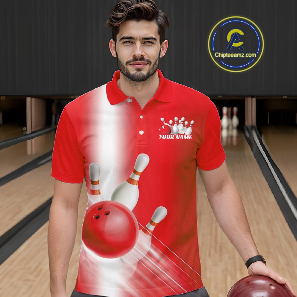 Male model front view at the bowling lane wearing a bowling polo shirt with bowling ball and pins flowing through a red gradient design.