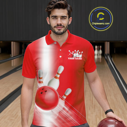 Male model front view at the bowling lane wearing a bowling polo shirt with bowling ball and pins flowing through a red gradient design.