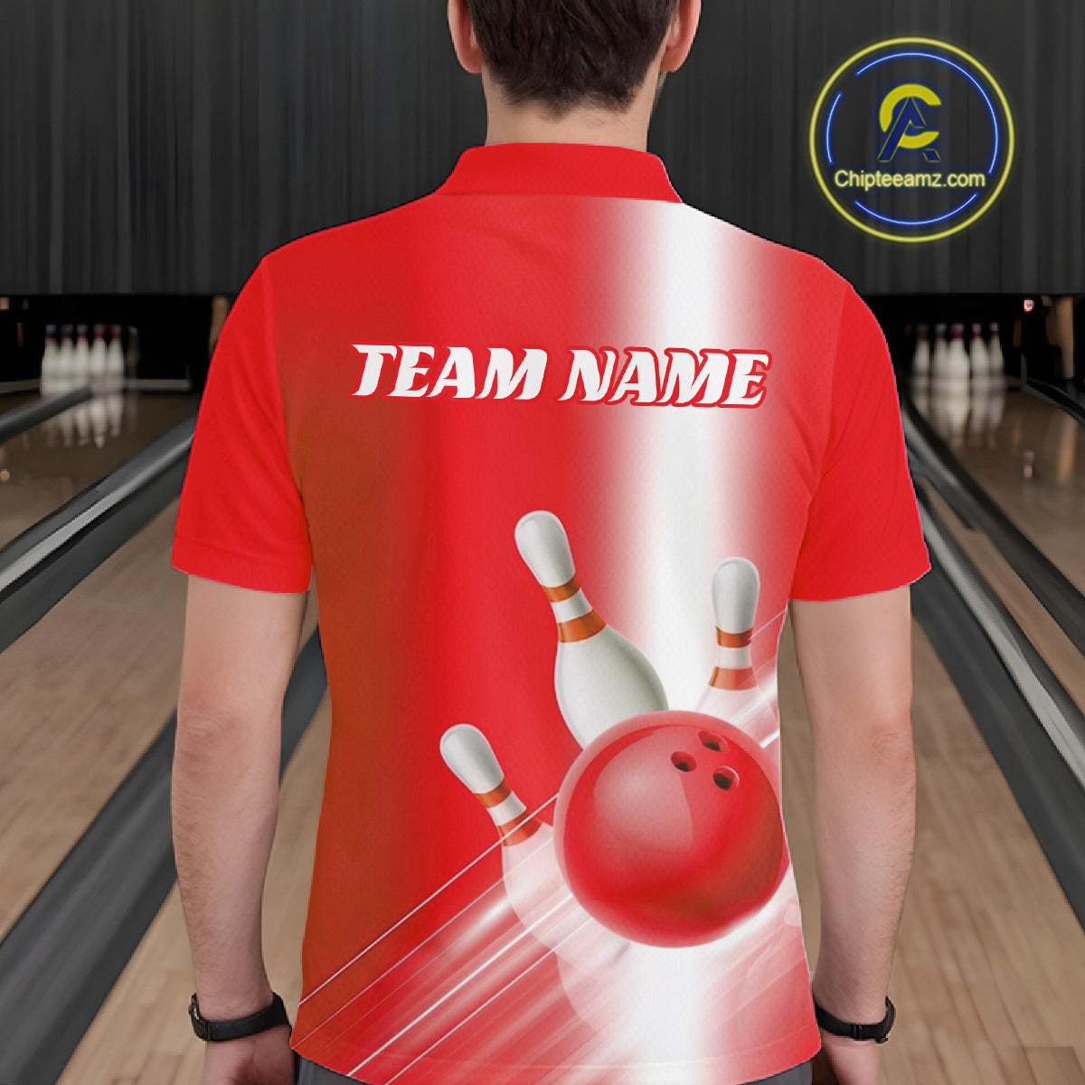 Back view of a male model in a bowling lane wearing a polo shirt with bowling ball and pins flowing through a red gradient layout.