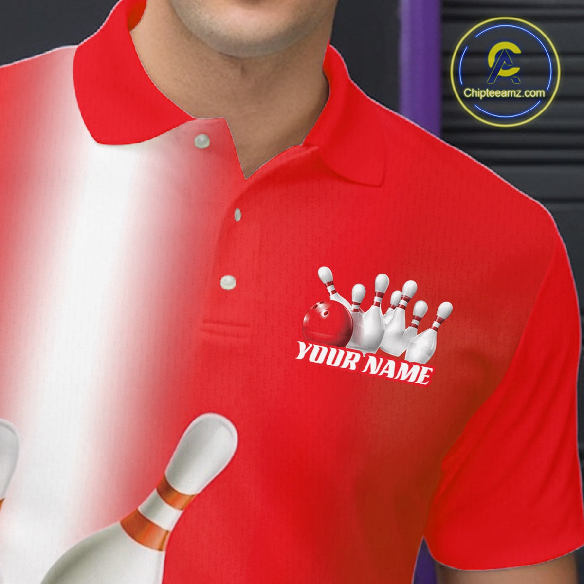 Close up left chest view of a bowling polo shirt with bowling ball and pins motif flowing through a red gradient layout.