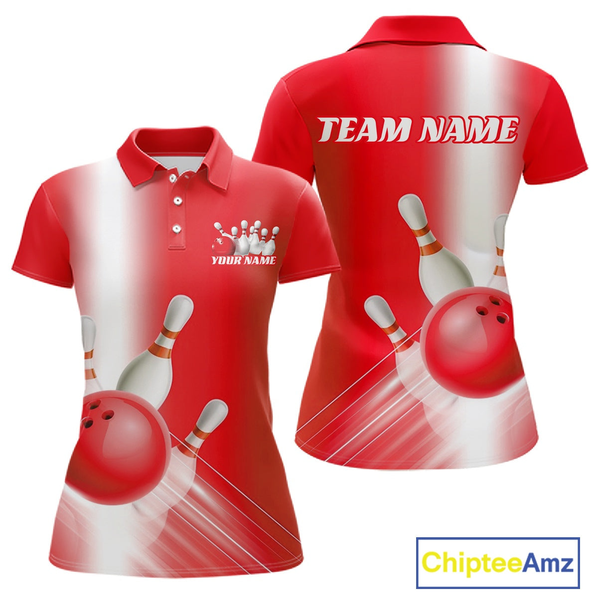 Women’s polo shirt mockup shown front and back with bowling ball and pins graphics flowing through a red gradient layout.