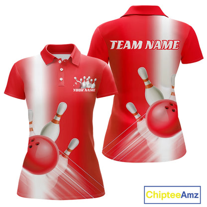 Women’s polo shirt mockup shown front and back with bowling ball and pins graphics flowing through a red gradient layout.