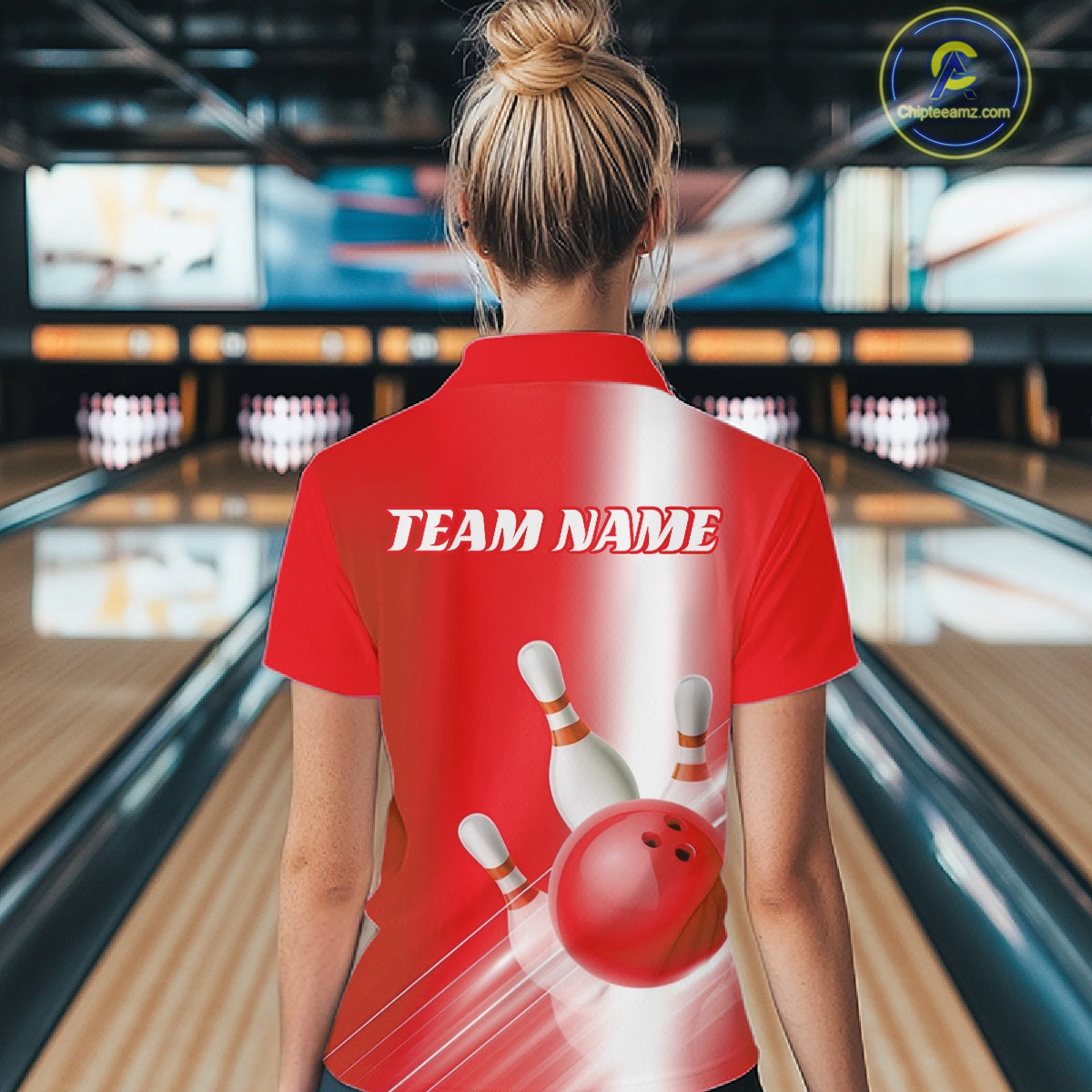 Back view female model at the bowling lane wearing a polo shirt with bowling ball and pins flowing through a red gradient layout.