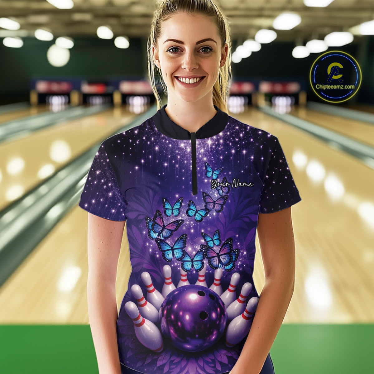 Custom Blue And Purple Buttefly Ladies Bowling Team Shirt, Women Bowler Outfits IPHW10918