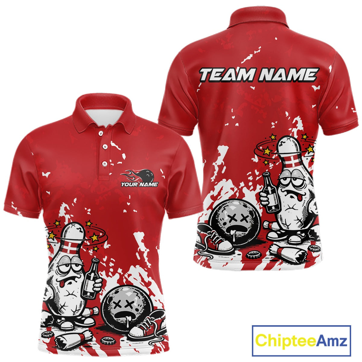 Front and back view of a men’s polo shirt mockup in red and white, featuring splatter-style drunk bowling pin holding beer bottle and bowling ball.