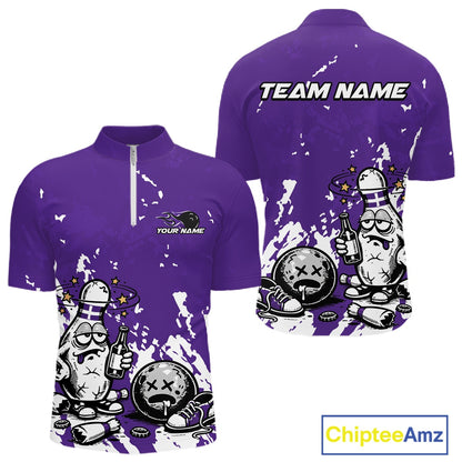 Front and back view of a men’s quarter-zip bowling shirt mockup in purple and white, featuring splatter background drunk bowling pin holding beer and ball.