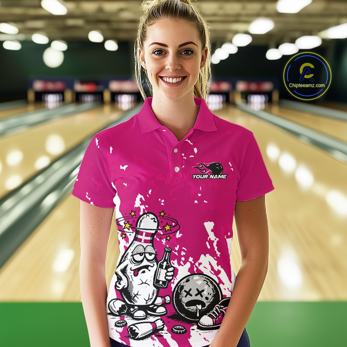 Female model in a bowling lane wearing a pink and white polo shirt, playful drunk bowling pin artwork with beer bottle and bowling ball over splatter background.