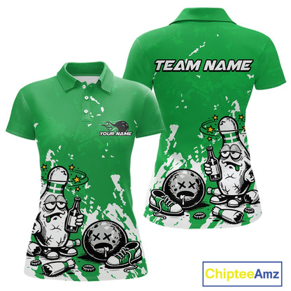 Front and back view of a women’s polo shirt mockup in green and white, featuring playful splatter-style drunk bowling pin holding beer bottle and bowling ball.