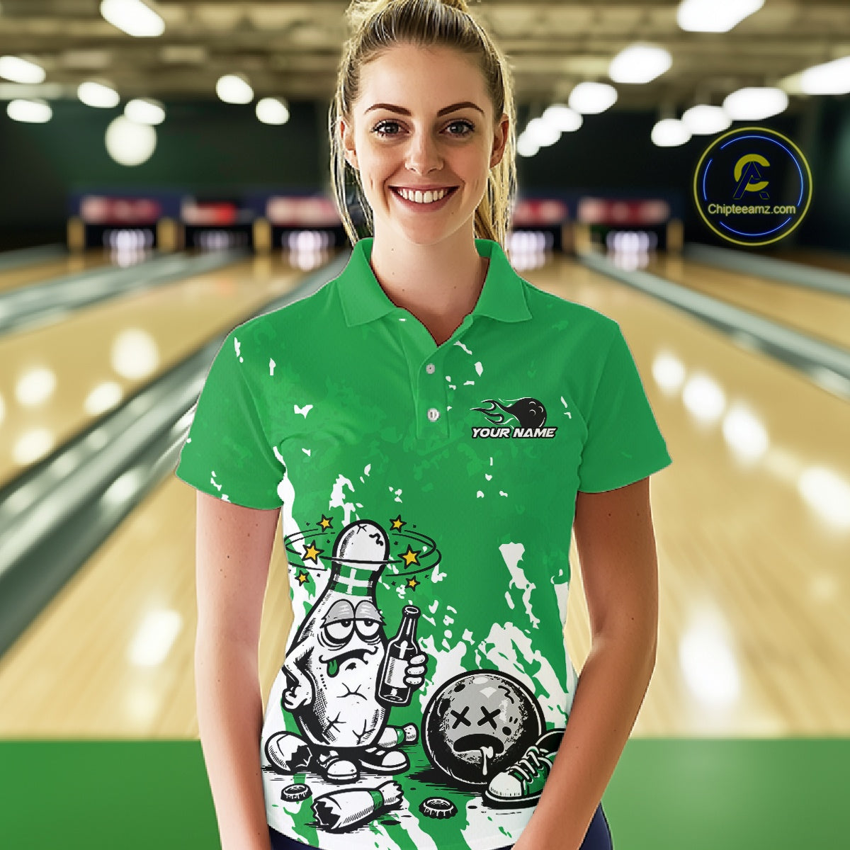 Female model at a bowling lane wearing a green and white polo shirt, humorous drunk bowling pin artwork with beer bottle and bowling ball over splatter background.