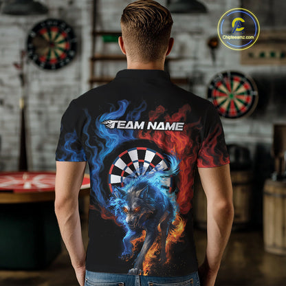 Custom Orange And Blue Smoke Flame Wolf Dart Team Men Polo Shirts, Fire Dart Jerseys IPHW10009
