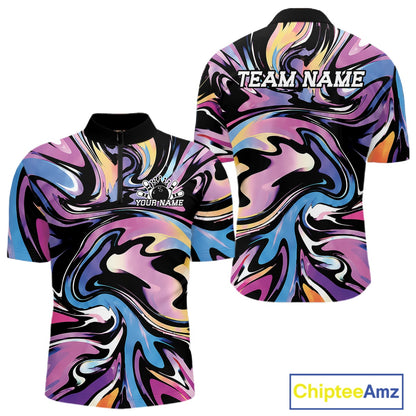 Colorful marbled design shirt with 'TEAM NAME' text on a white background