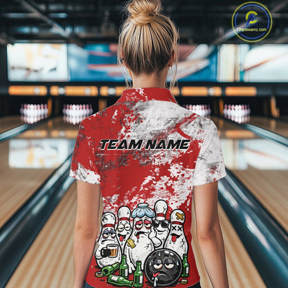 Back view female model at bowling center wearing white polo with red and white grunge splatter, cartoon bowling pins and bowling ball with beer accents