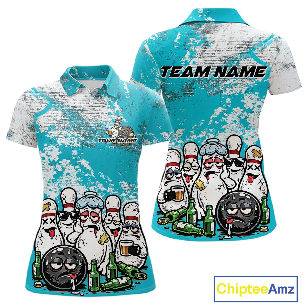 Womens polo shirt mockup front and back, white base with turquoise blue and white grunge splatter, cartoon bowling pins and bowling ball with beer bottles
