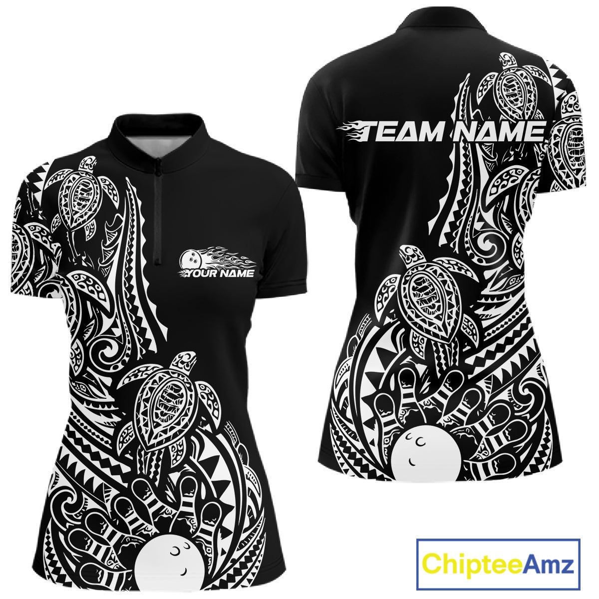 Front and back views of a black and white womens bowling quarter-zip shirt showcasing bowling ball and pin artwork with turtle Polynesian patterns.