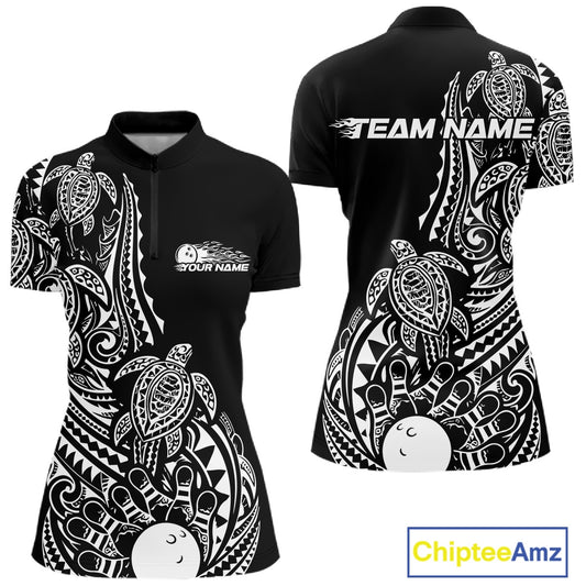 Front and back views of a black and white womens bowling quarter-zip shirt showcasing bowling ball and pin artwork with turtle Polynesian patterns.