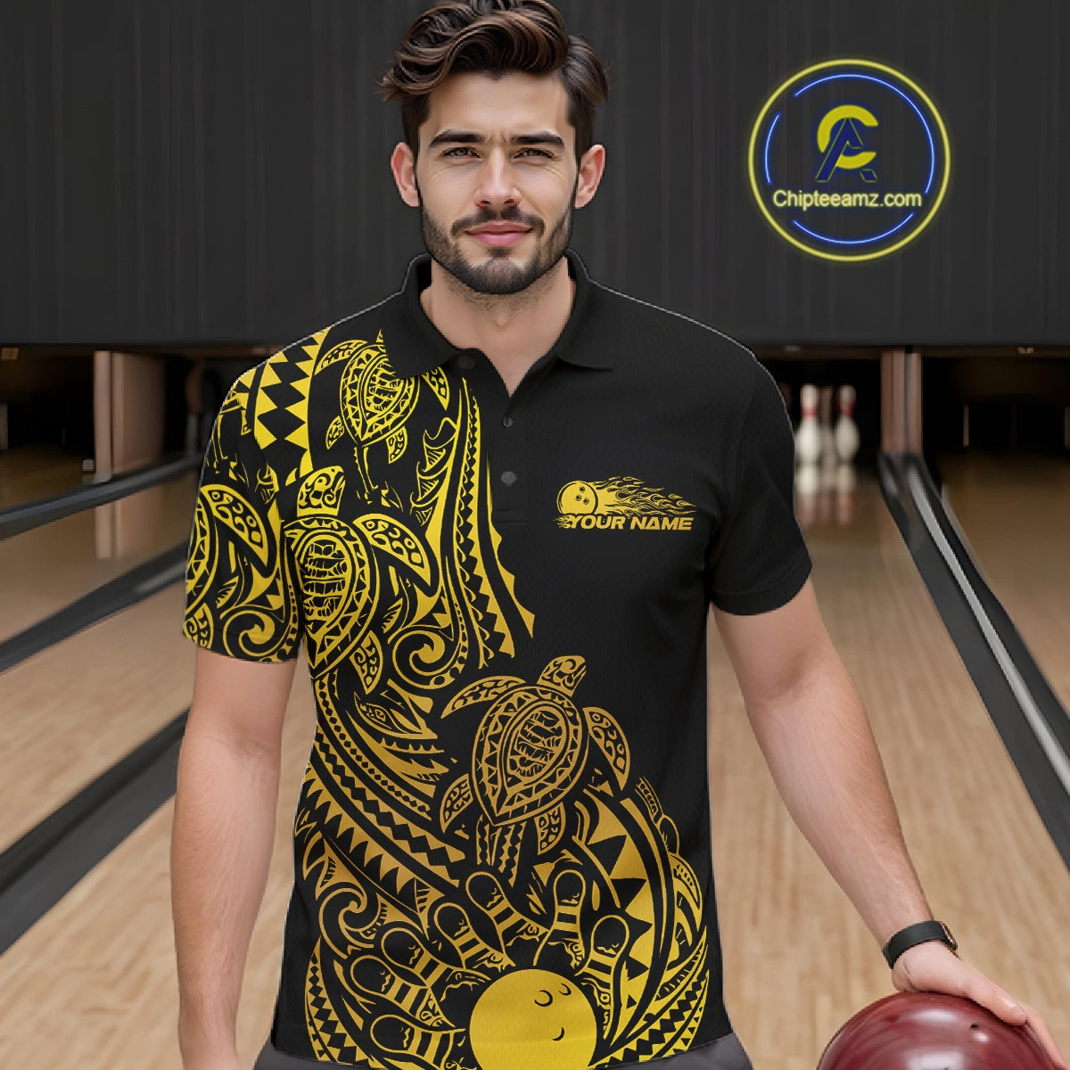 Male model wearing a black and gold bowling polo shirt at the bowling lane with turtle-inspired Polynesian bowling artwork.