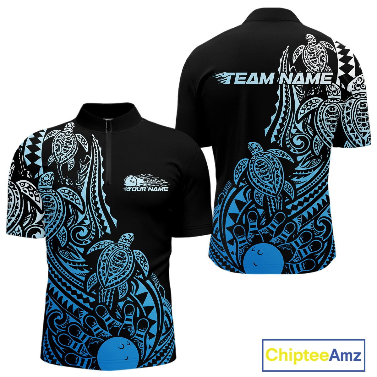 Front and back views of a black and blue mens bowling quarter-zip shirt showcasing bowling artwork surrounded by tribal swirls and turtle motifs.