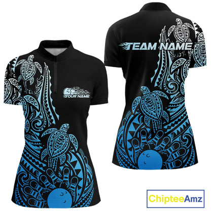 Front and back views of a black and blue womens bowling quarter-zip shirt showcasing bowling ball and pin graphics with Polynesian turtle patterns.