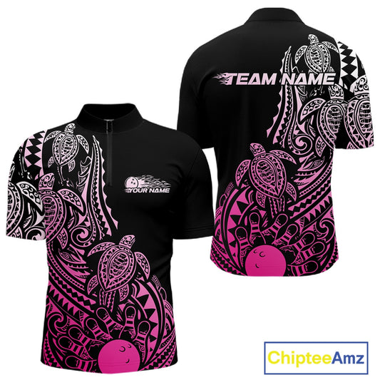 Front and back views of a black and pink mens bowling quarter-zip shirt with bowling pins and a ball framed by tribal swirls and Polynesian patterns.