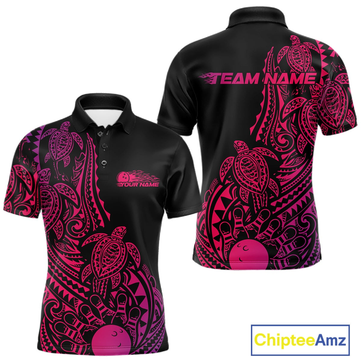 Front and back views of a black, pink, and purple mens bowling polo shirt featuring bowling ball and pin artwork surrounded by tribal swirls and turtle Polynesian patterns.