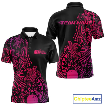 Front and back views of a black, pink, and purple mens bowling polo shirt featuring bowling ball and pin artwork surrounded by tribal swirls and turtle Polynesian patterns.