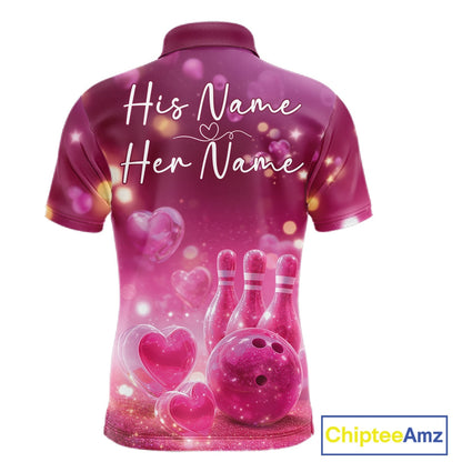 Custom Pink Valentine Bowling Couple Shirts, Pink Heart Theme Bowling Jerseys With His Name And Her Name IPHW10462