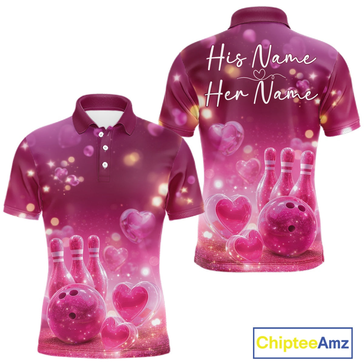 Custom Pink Valentine Bowling Couple Shirts, Pink Heart Theme Bowling Jerseys With His Name And Her Name IPHW10462