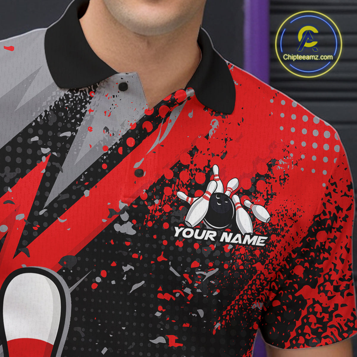 Custom Funny Bowling Polo Shirt For Men, Red Bowling Ball And Pin Bowling Jersey IPHW10257