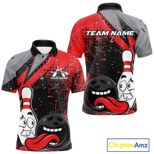 Custom Funny Bowling Polo Shirt For Men, Red Bowling Ball And Pin Bowling Jersey IPHW10257