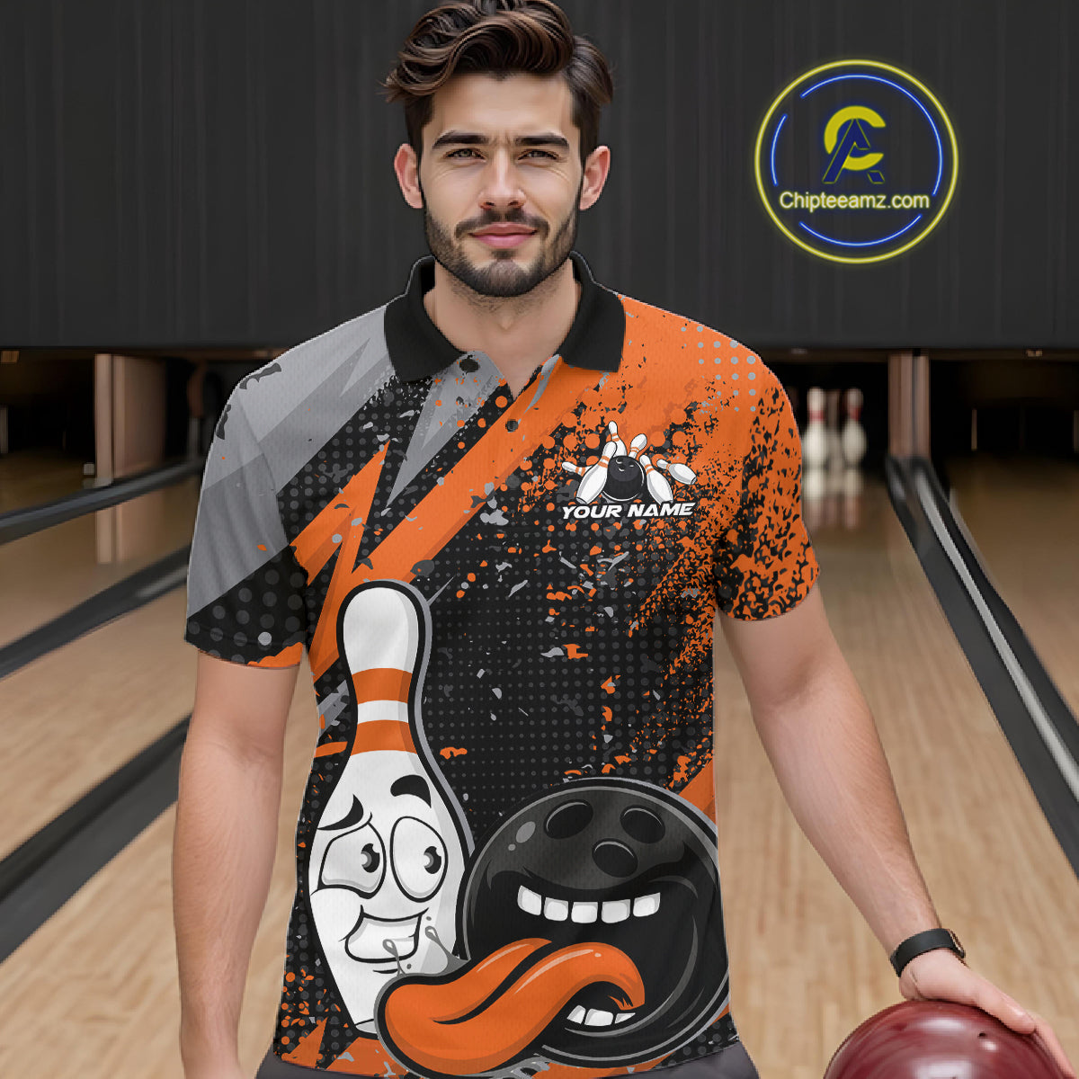 Custom Funny Bowling Polo Shirt For Men, Orange Bowling Ball And Pin Bowling Jersey IPHW10258