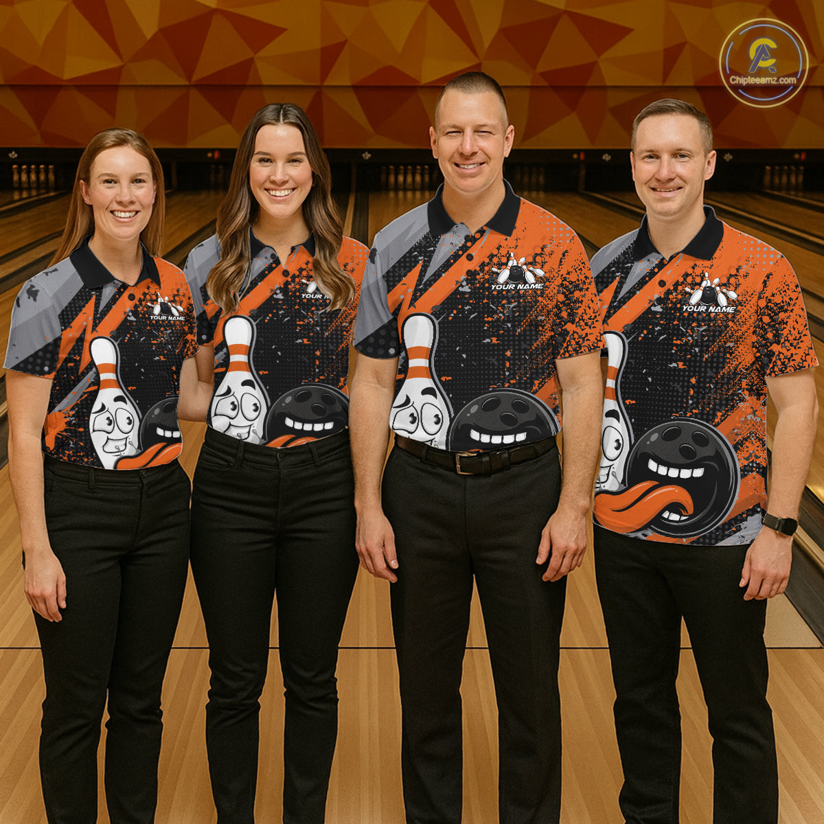 Custom Funny Bowling Polo Shirt For Men, Orange Bowling Ball And Pin Bowling Jersey IPHW10258