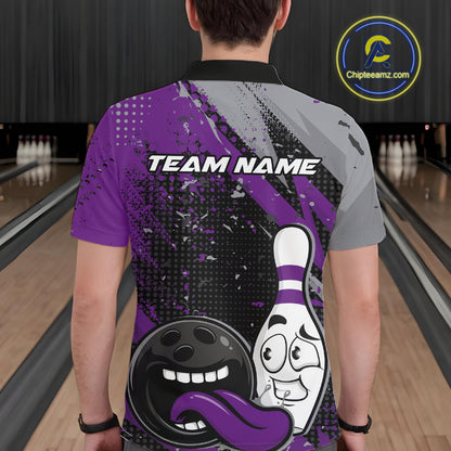 Custom Funny Bowling Polo Shirt For Men, Purple Bowling Ball And Pin Bowling Jersey IPHW10259