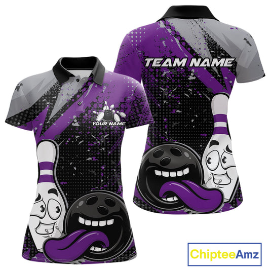 Custom Funny Bowling Polo Shirt For Women, Purple Bowling Ball And Pin Bowling Jersey IPHW10259