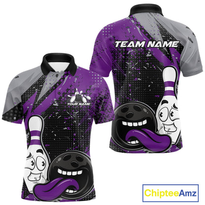 Custom Funny Bowling Polo Shirt For Men, Purple Bowling Ball And Pin Bowling Jersey IPHW10259