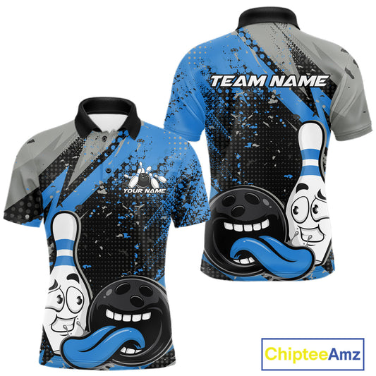 Custom Funny Bowling Polo Shirt For Men, Blue Bowling Ball And Pin Bowling Jersey IPHW10260