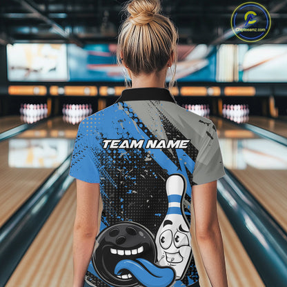 Custom Funny Bowling Women Quarter-Zip Shirt, Blue Bowling Ball And Pin Bowling Jersey IPHW10260