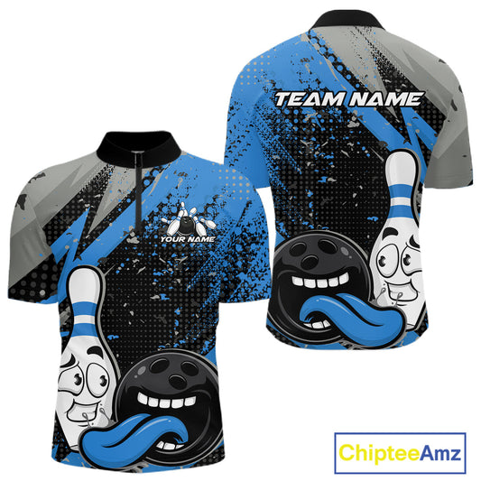 Custom Funny Bowling Quarter-Zip Shirt For Men, Blue Bowling Ball And Pin Bowling Jersey IPHW10260