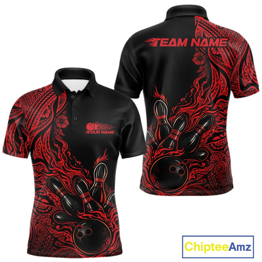 Custom Black And Red Orange Tribal Pattern Flame Bowling Team Shirts, Polynesian Bowling League Shirt IPHW10491