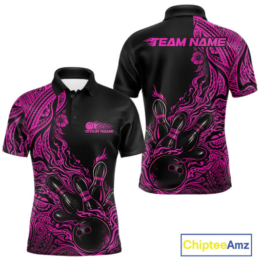 Custom Black And Pink Tribal Pattern Flame Bowling Team Shirts, Polynesian Bowling Ball Bowling League Shirt IPHW10494