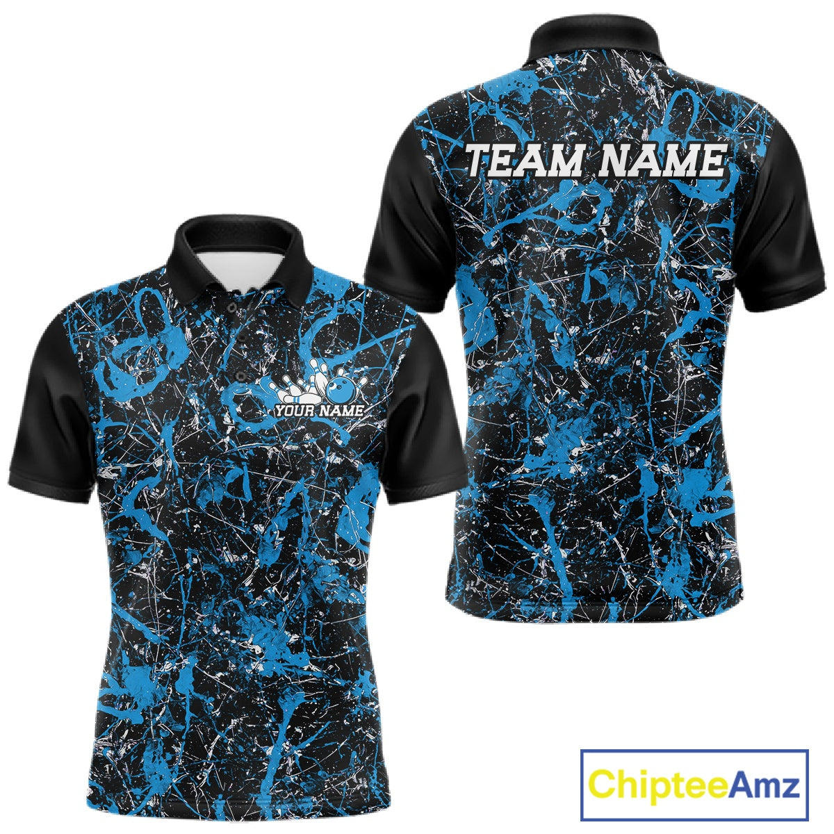 Front and back views of a black polo shirt with electric blue paint-splatter graphics, personalized with â€œYour Nameâ€ on the chest and â€œTeam Nameâ€ across the back.