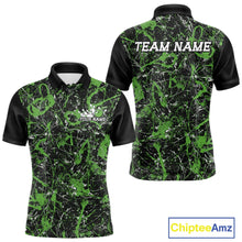 Load image into Gallery viewer, Front and back views of a black polo shirt with mid green paint-splatter graphics, personalized with “Your Name” on the chest and “Team Name” across the back.
