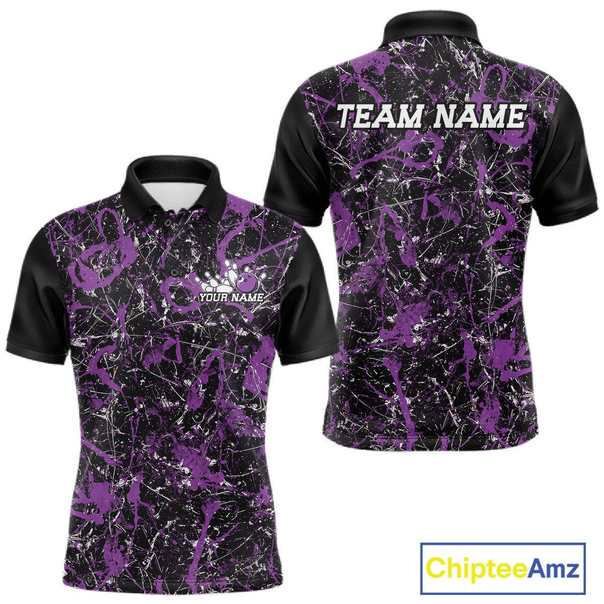 Front and back views of a black polo shirt with purple paint-splatter graphics, personalized with â€œYour Nameâ€ on the chest and â€œTeam Nameâ€ across the back.
