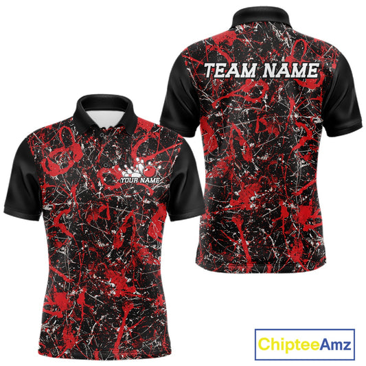 Front and back views of a black polo shirt with red paint-splatter graphics, personalized with â€œYour Nameâ€ on the chest and â€œTeam Nameâ€ across the back.