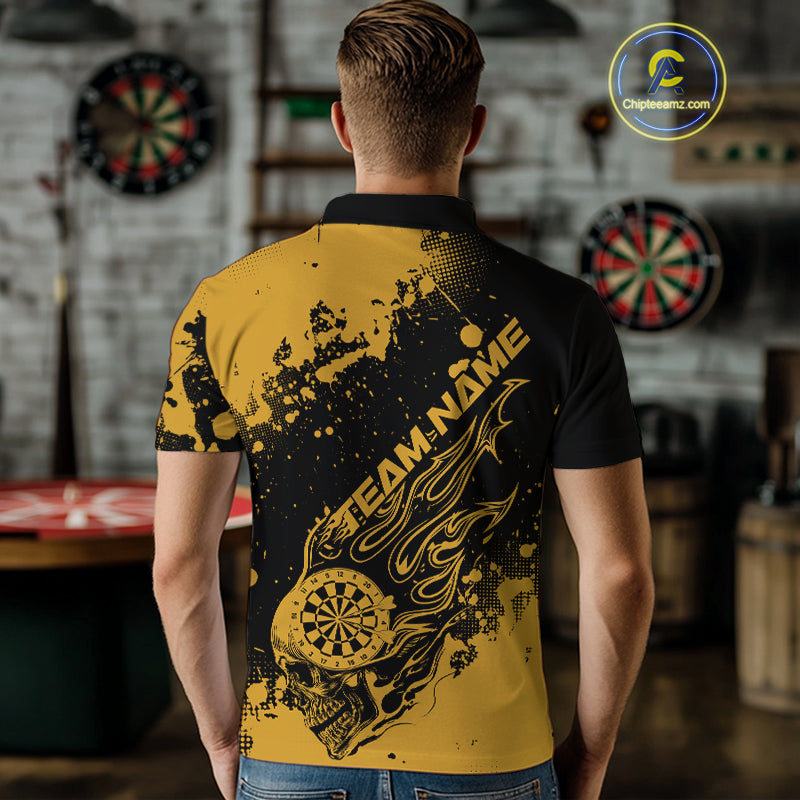 Custom Black And Yellow Splatter Flame Dart Skull Men Polo Shirt, Grunge Halloween Jerseys IPHW10051