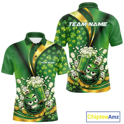 Custom Funny St Patricks Party Beer Bowling Team Shirts, Green Shamrock And Gold Coin Bowling Jerseys IPHW10523