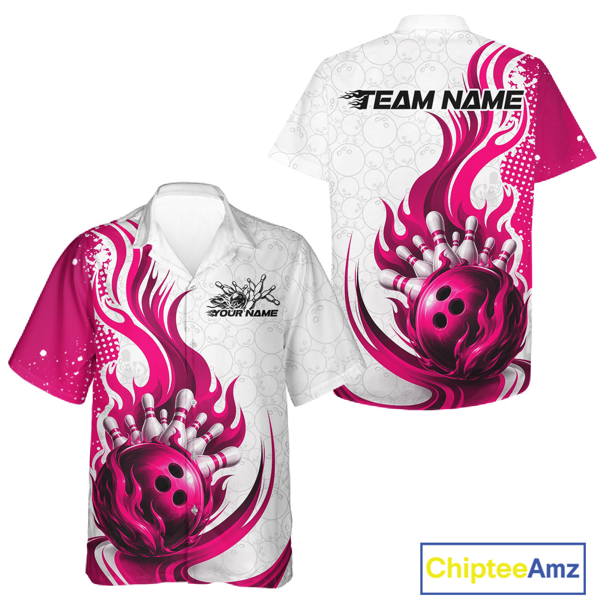 A short-sleeve button-up bowling shirt shown from both front and back on a white background. The shirt is primarily white with vivid hot pink and magenta flame-like swirls and a large bowling ball graphic with white bowling pins.