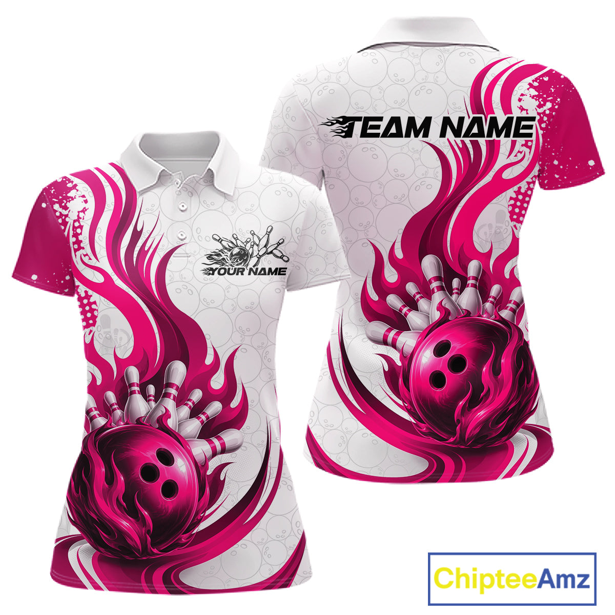 A custom short-sleeve polo shirt shown from both front and back views. The shirt features a white base with a vibrant magenta pink graphic design of a bowling ball, bowling pins, and flame-like swirls.